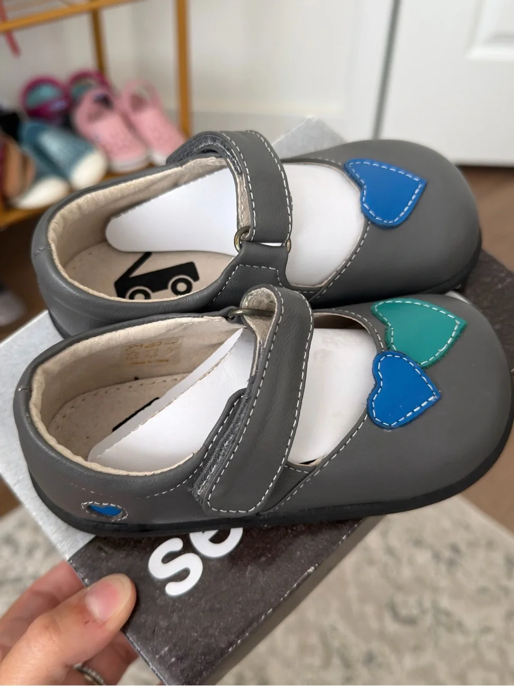 See Kai Run Gray Mary Janes Blue Teal Heart Appliqué Size 8c Toddler Girl